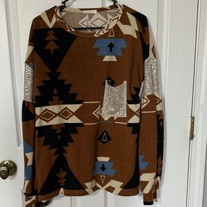 Super soft Geometric Western dressy top with silver sequins